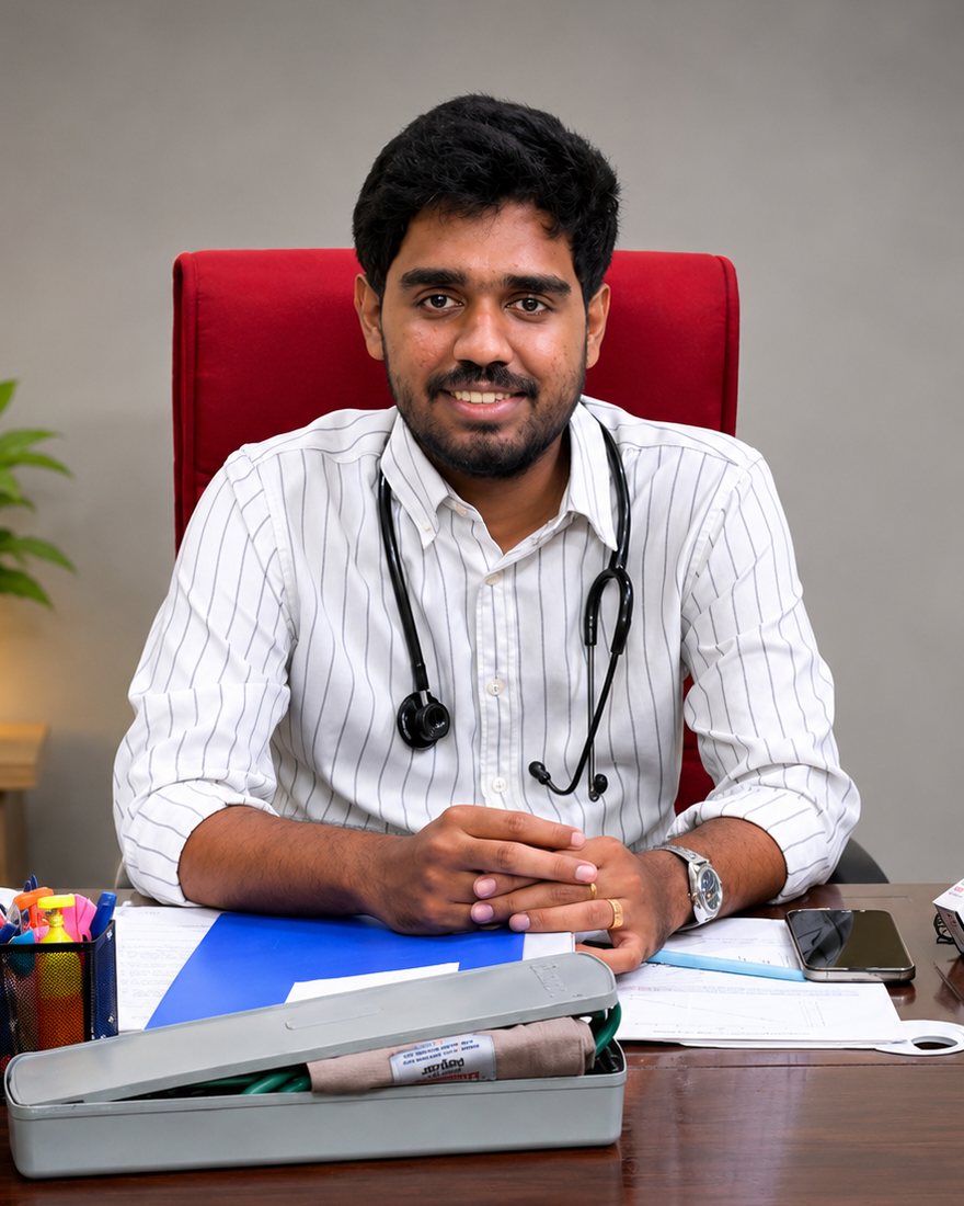 Dr. DHV Akshay Krishna, Consultant Neuro Psychiatrist at Solace, seated at his consulting-room desk.